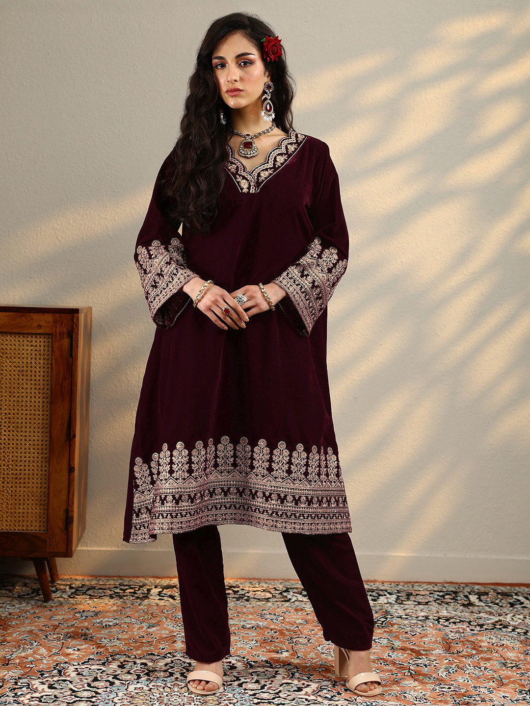 Maroon Embroidered Velvet Straight Kurta And Trousers Set