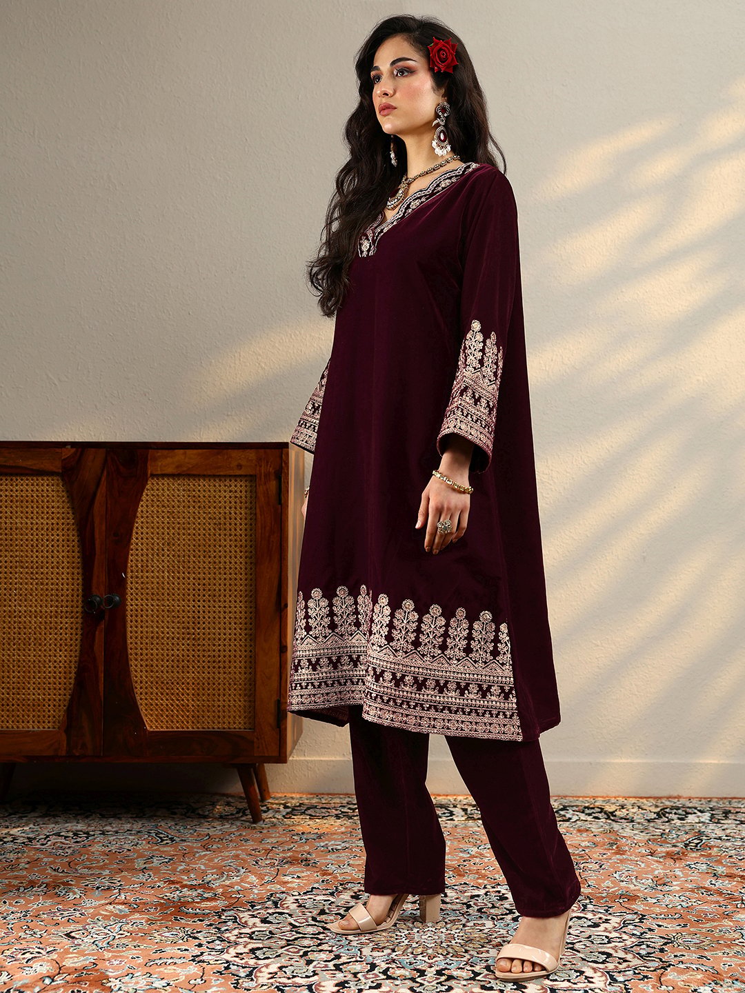 Maroon Embroidered Velvet Straight Kurta And Trousers Set