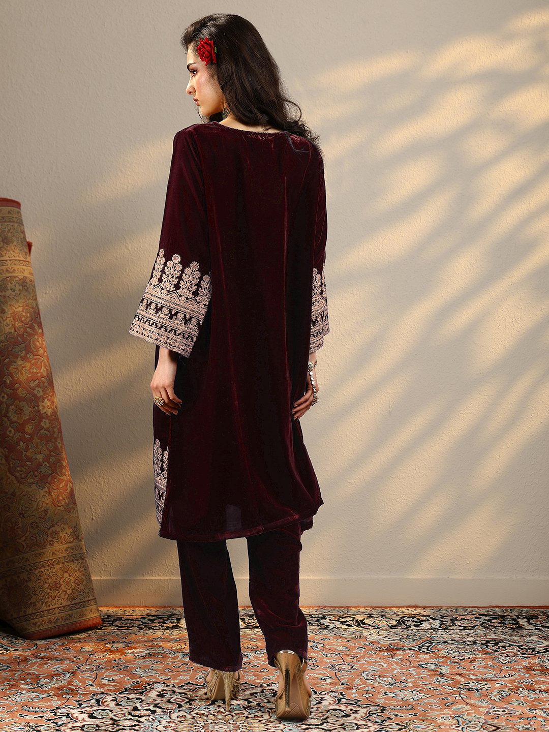 Maroon Embroidered Velvet Straight Kurta And Trousers Set