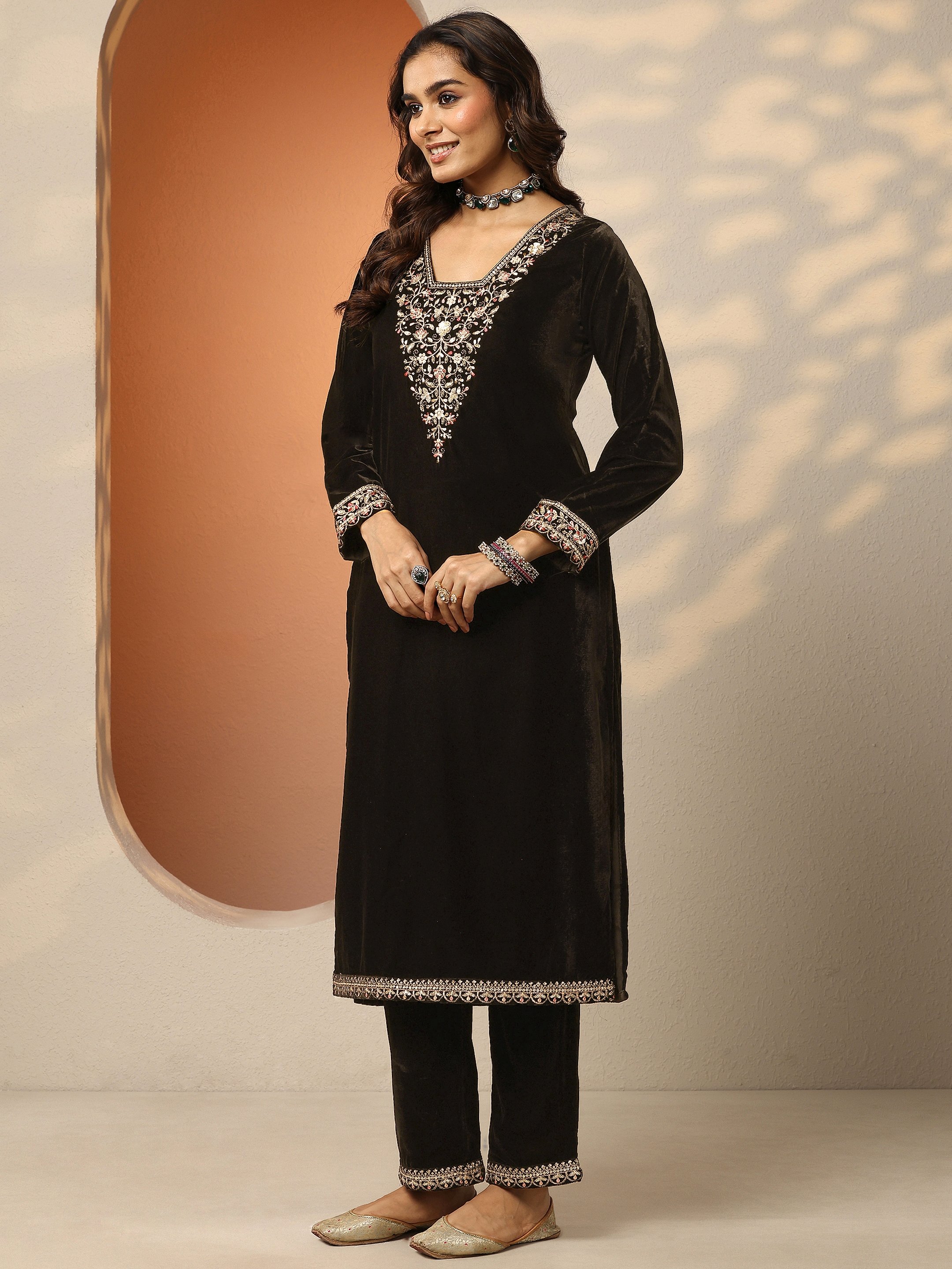 Black Embroidered Velvet Straight Kurta, Trousers And Dupatta Set