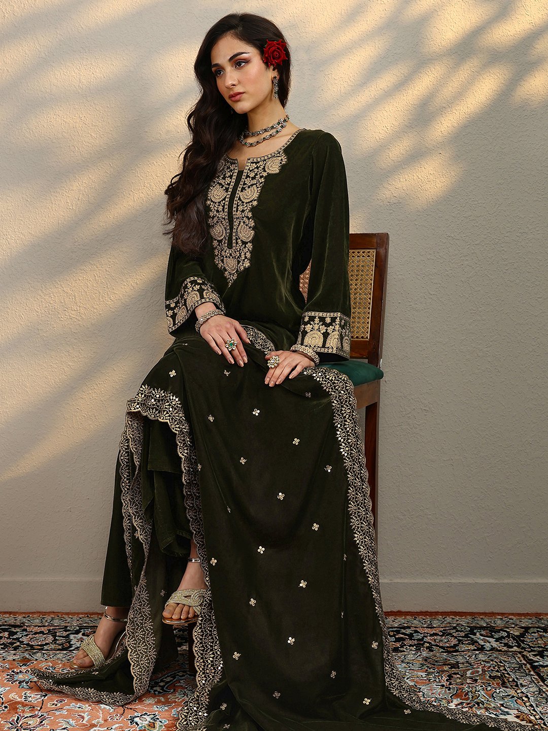 Green Yoke Design Velvet Straight Kurta, Trousers And Dupatta Set