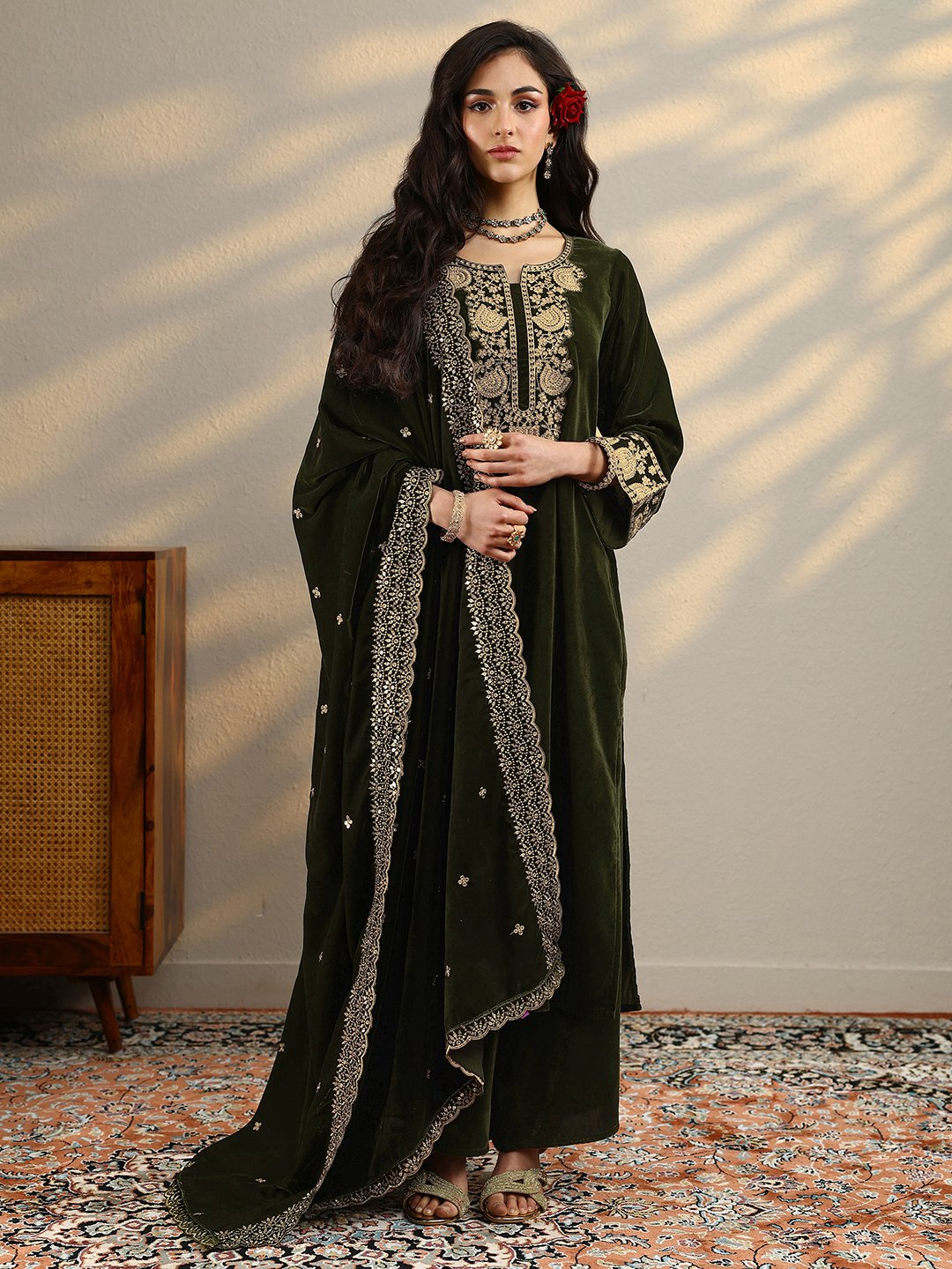 Green Yoke Design Velvet Straight Kurta, Trousers And Dupatta Set