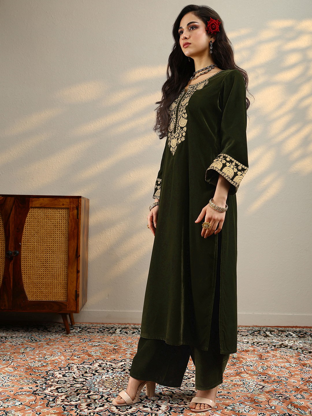 Green Yoke Design Velvet Straight Kurta, Trousers And Dupatta Set