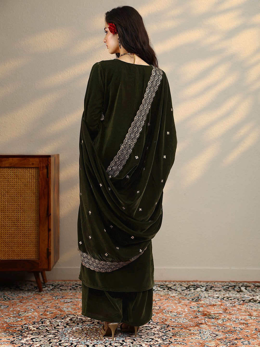 Green Yoke Design Velvet Straight Kurta, Trousers And Dupatta Set