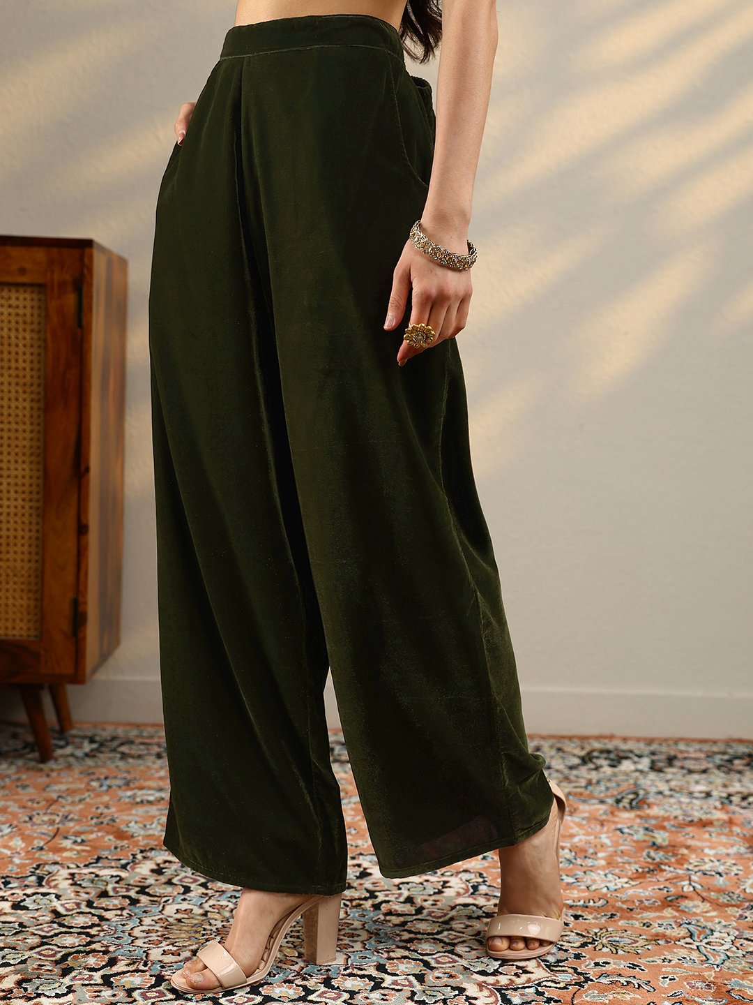 Green Yoke Design Velvet Straight Kurta, Trousers And Dupatta Set