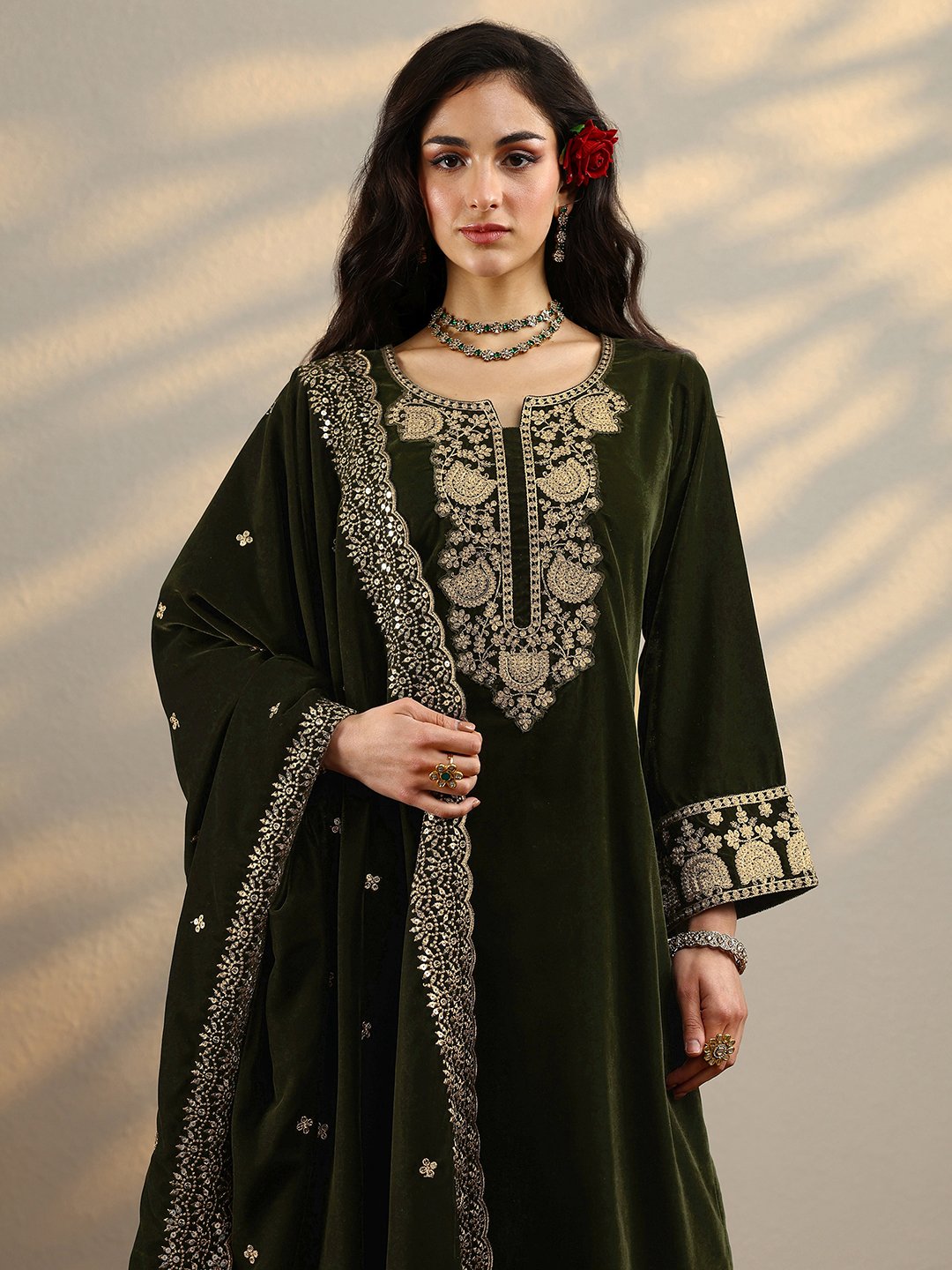 Green Yoke Design Velvet Straight Kurta, Trousers And Dupatta Set