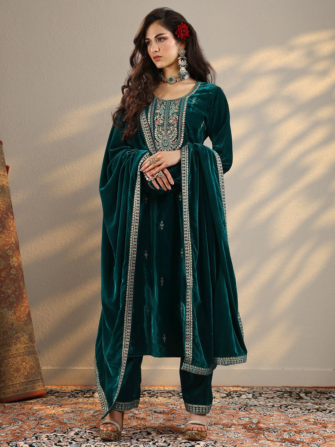 Teal Embroidered Velvet Straight Kurta, Trousers And Dupatta Set