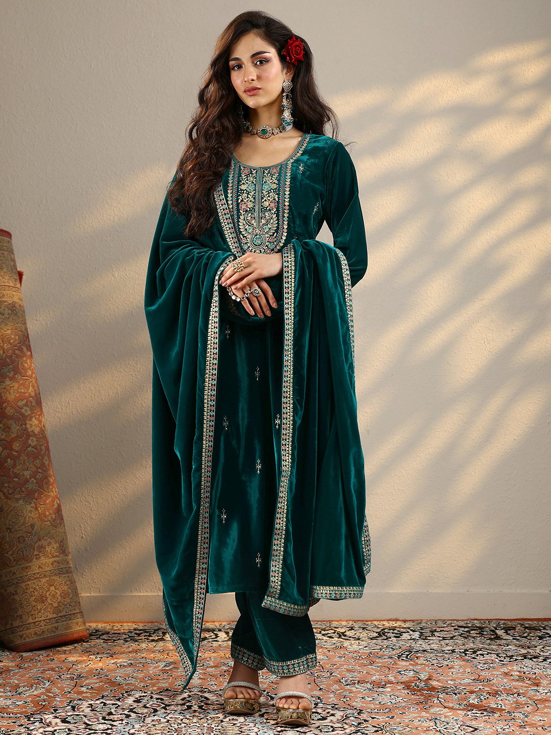 Teal Embroidered Velvet Straight Kurta, Trousers And Dupatta Set
