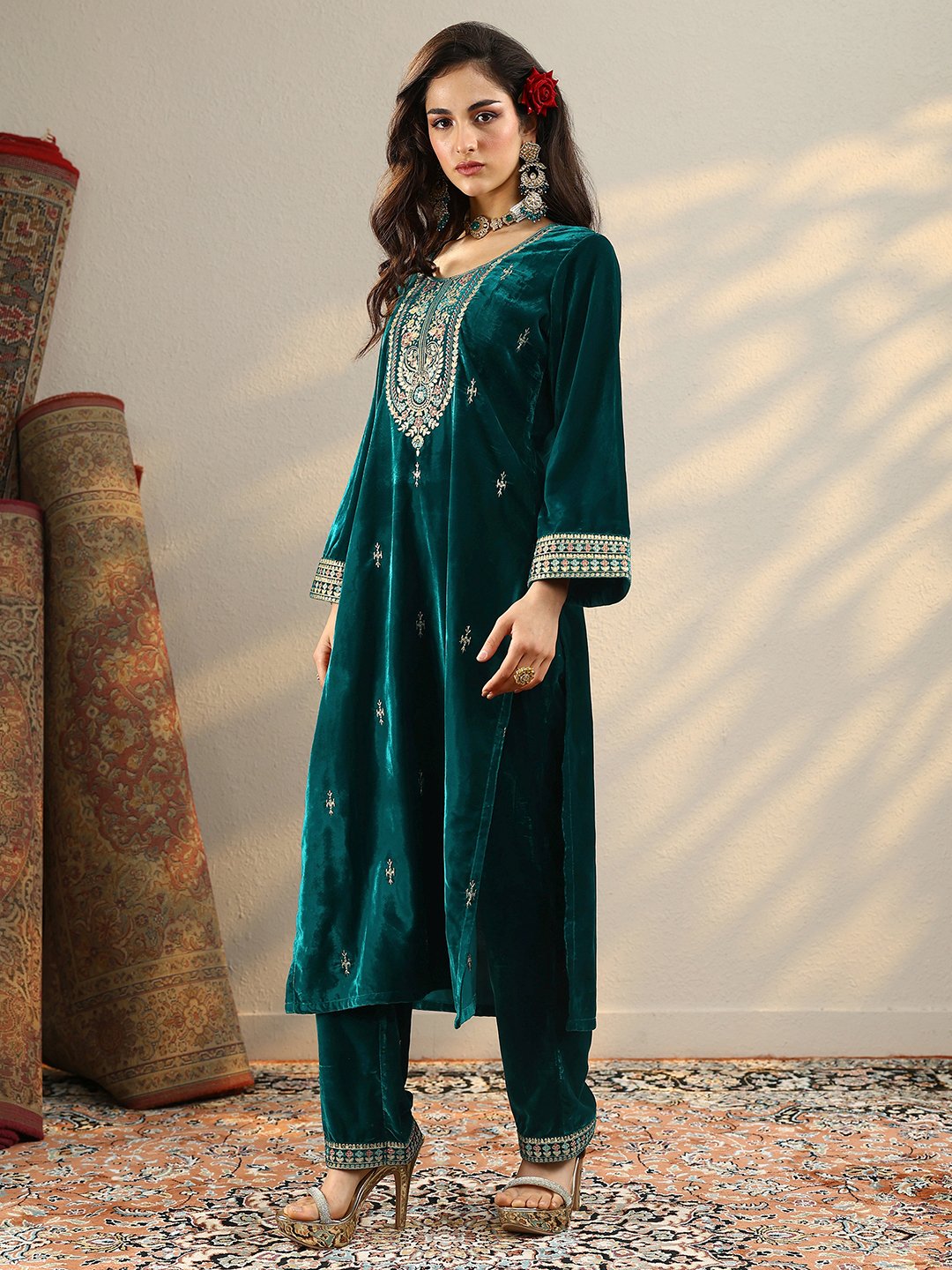 Teal Embroidered Velvet Straight Kurta, Trousers And Dupatta Set
