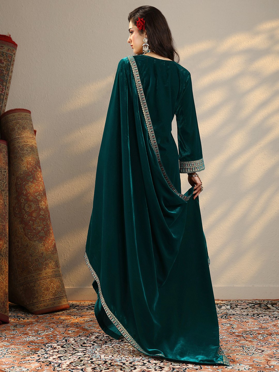 Teal Embroidered Velvet Straight Kurta, Trousers And Dupatta Set