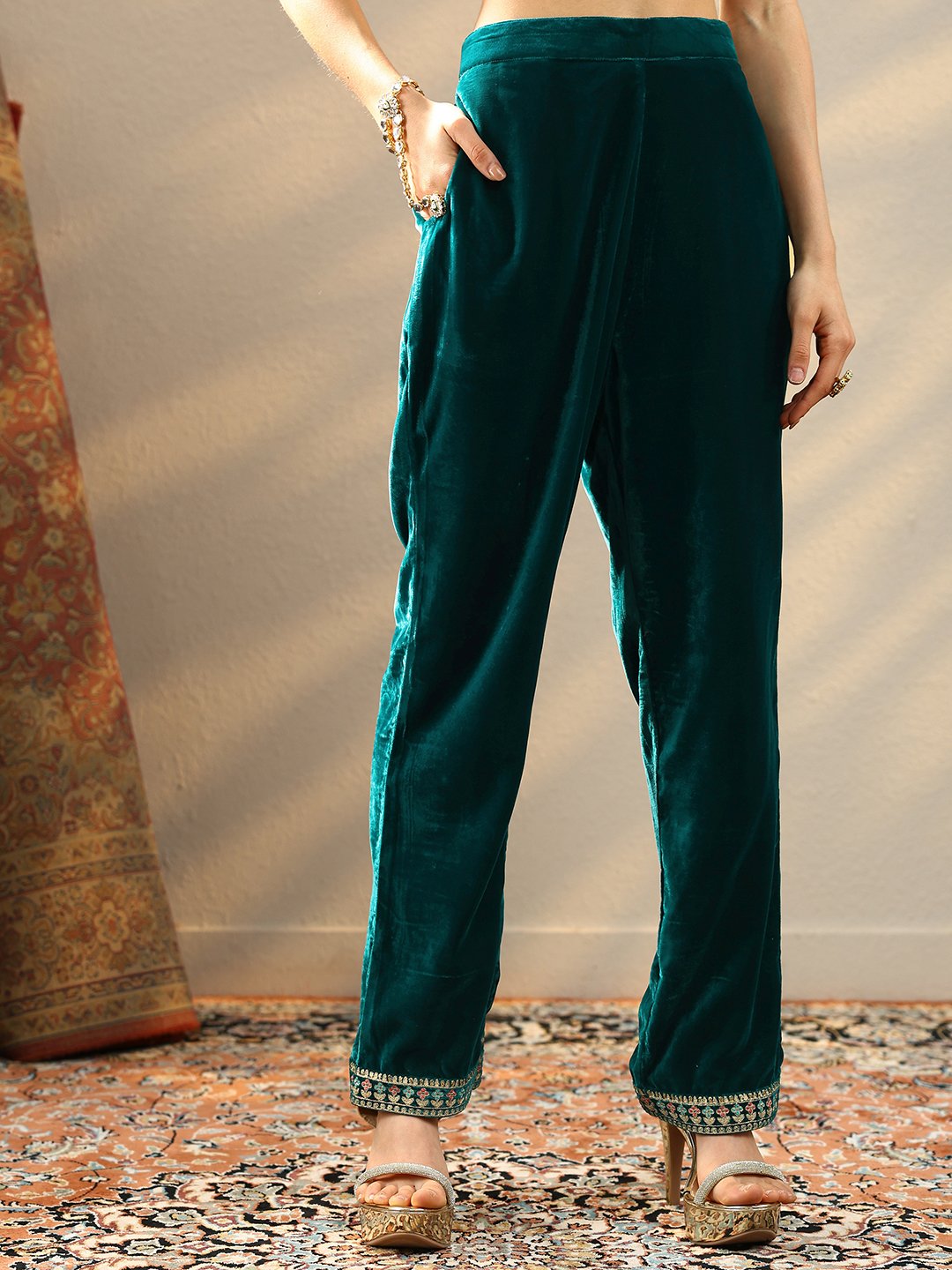 Teal Embroidered Velvet Straight Kurta, Trousers And Dupatta Set