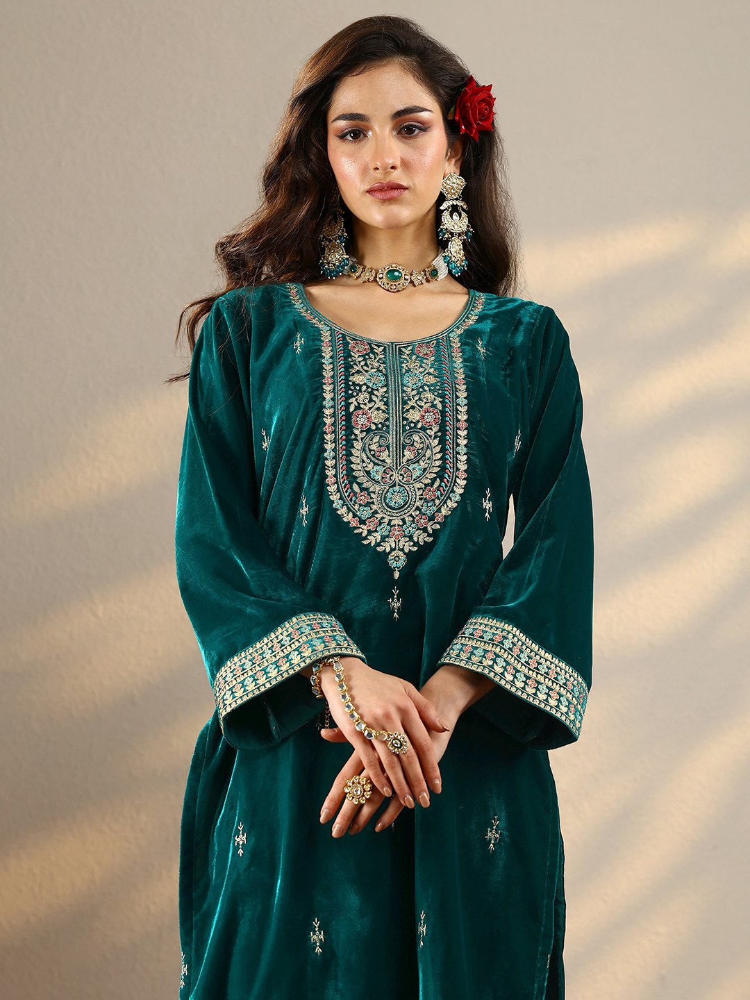 Teal Embroidered Velvet Straight Kurta, Trousers And Dupatta Set
