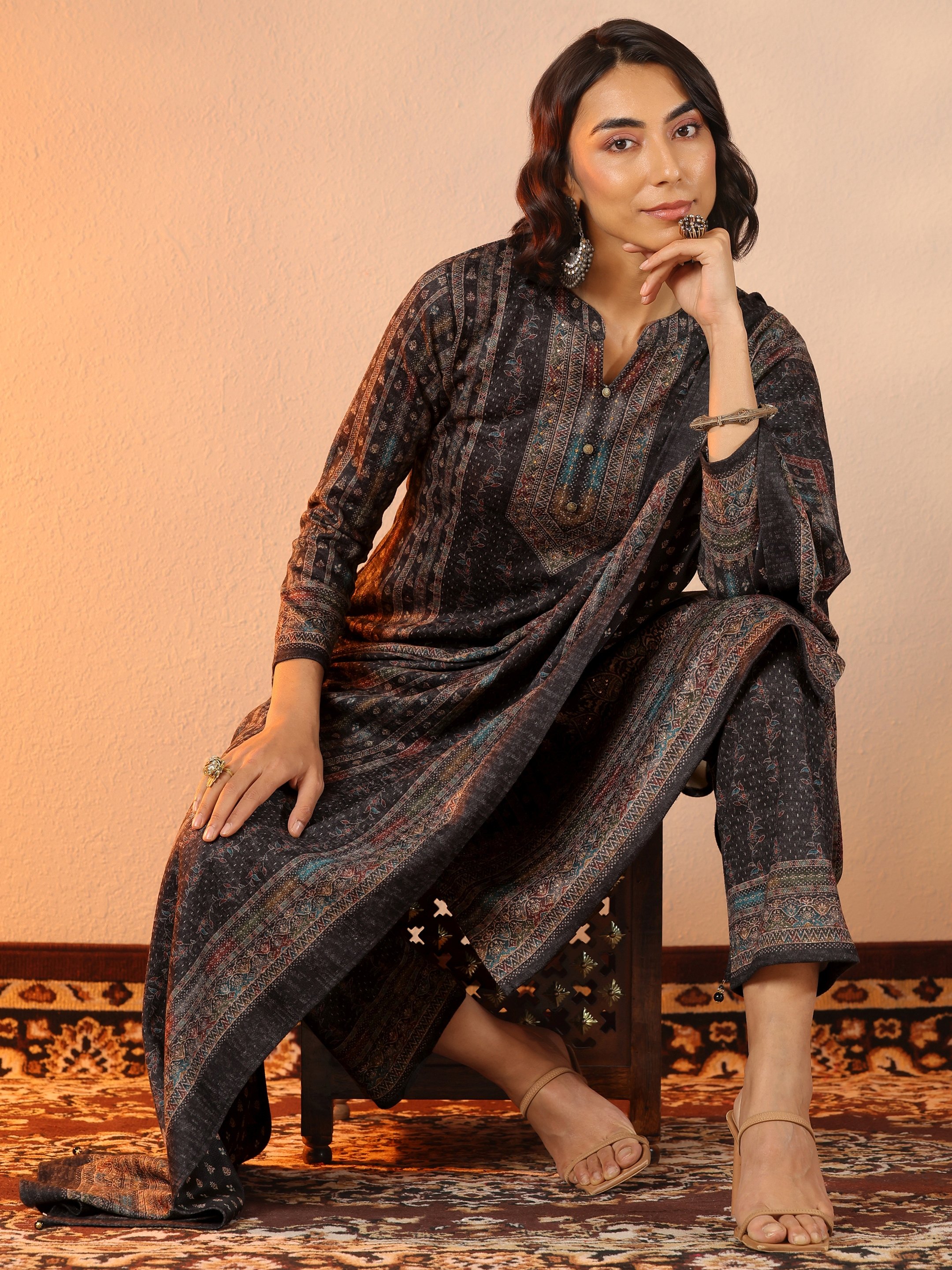 Black Printed Wool Straight Kurta, Trousers And Dupatta Set