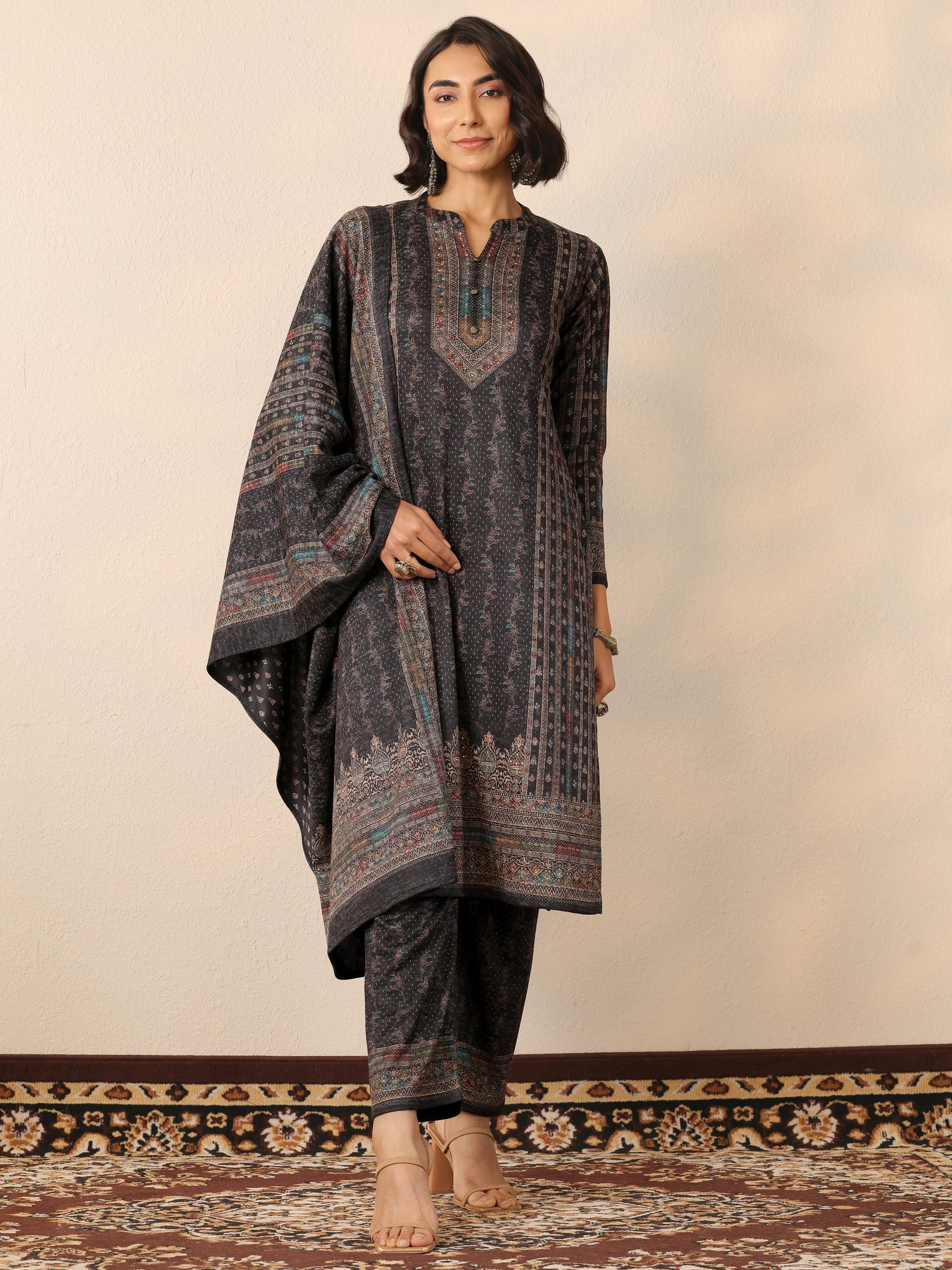 Black Printed Wool Straight Kurta, Trousers And Dupatta Set
