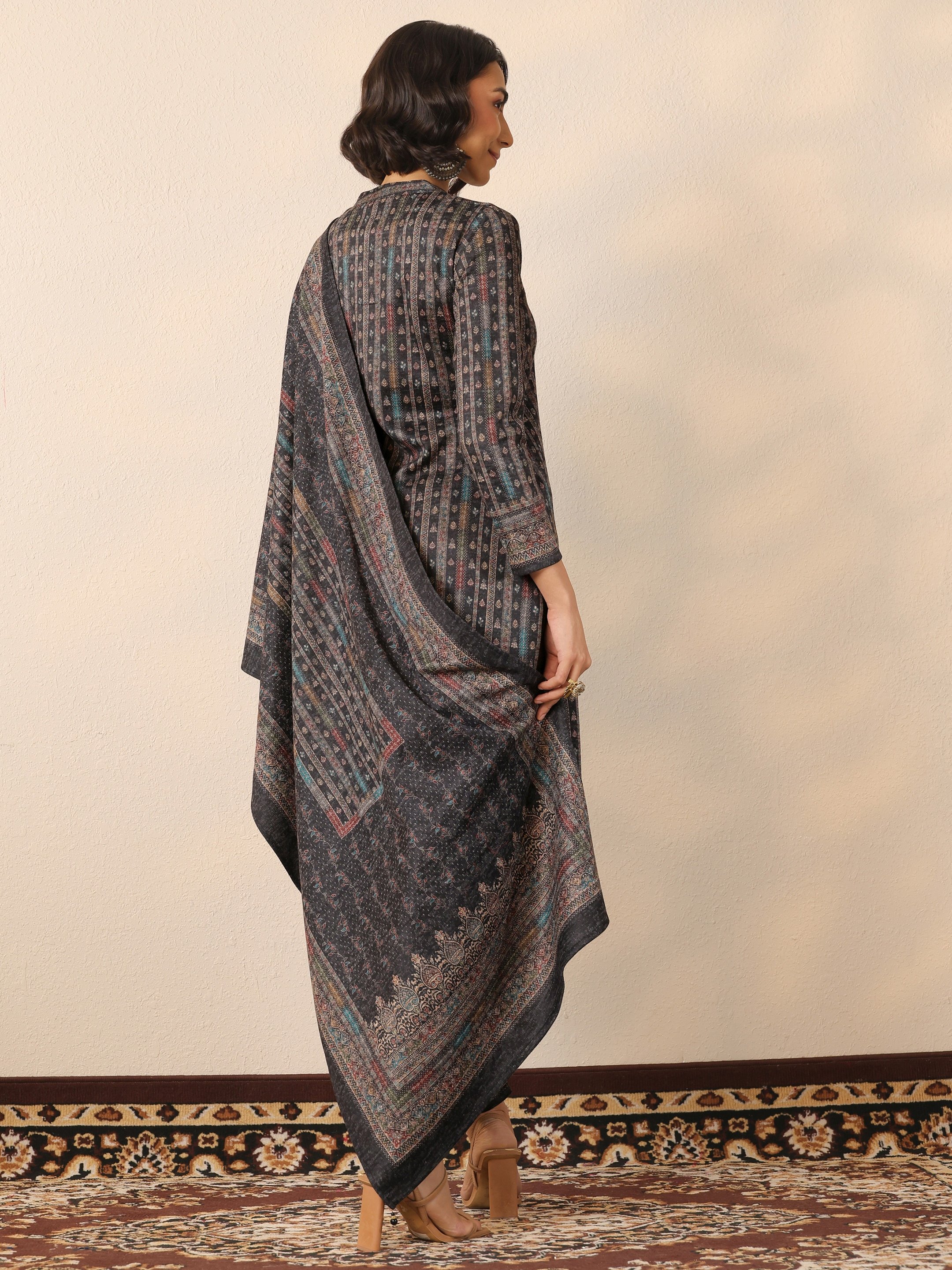 Black Printed Wool Straight Kurta, Trousers And Dupatta Set