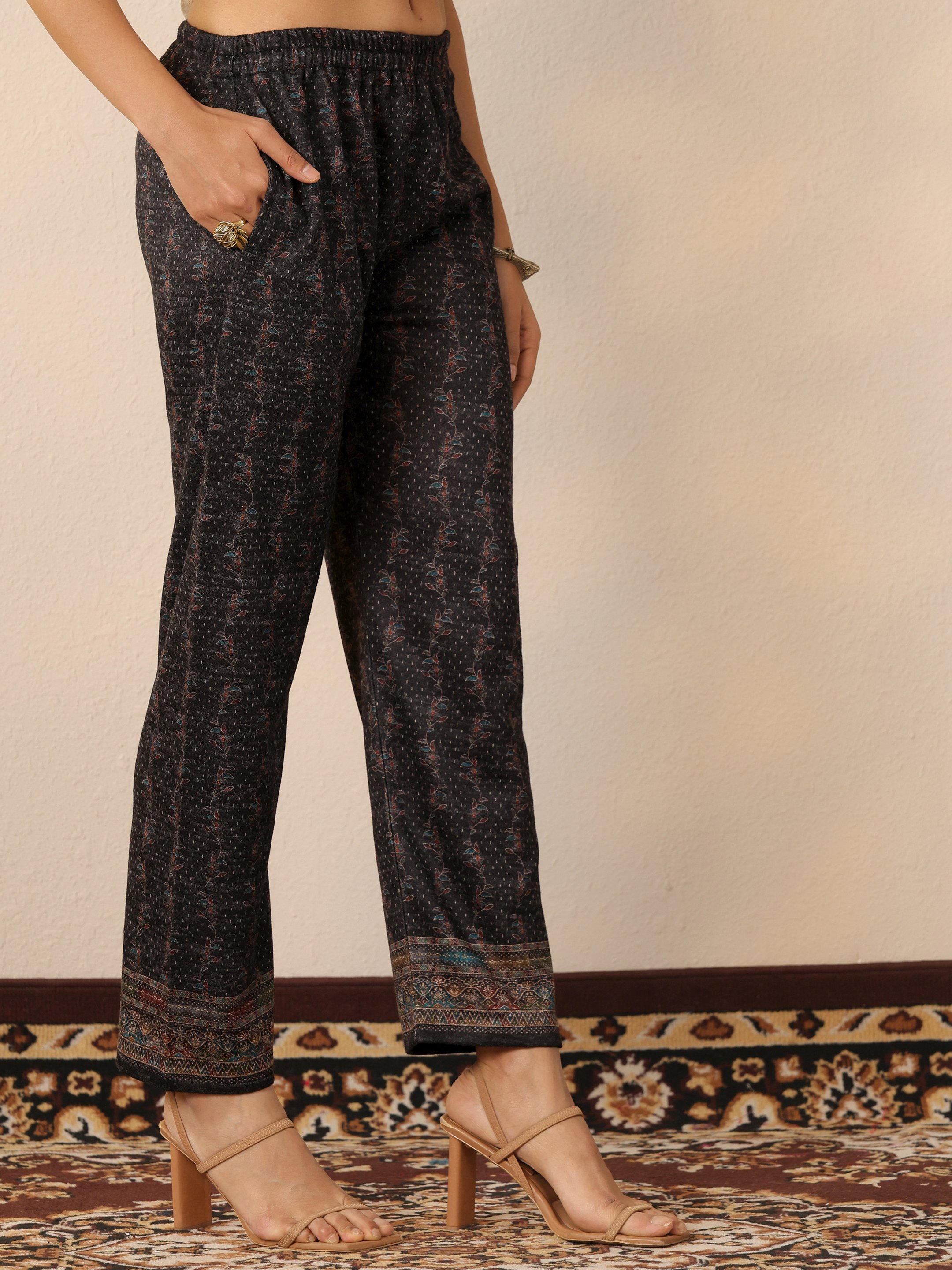 Black Printed Wool Straight Kurta, Trousers And Dupatta Set