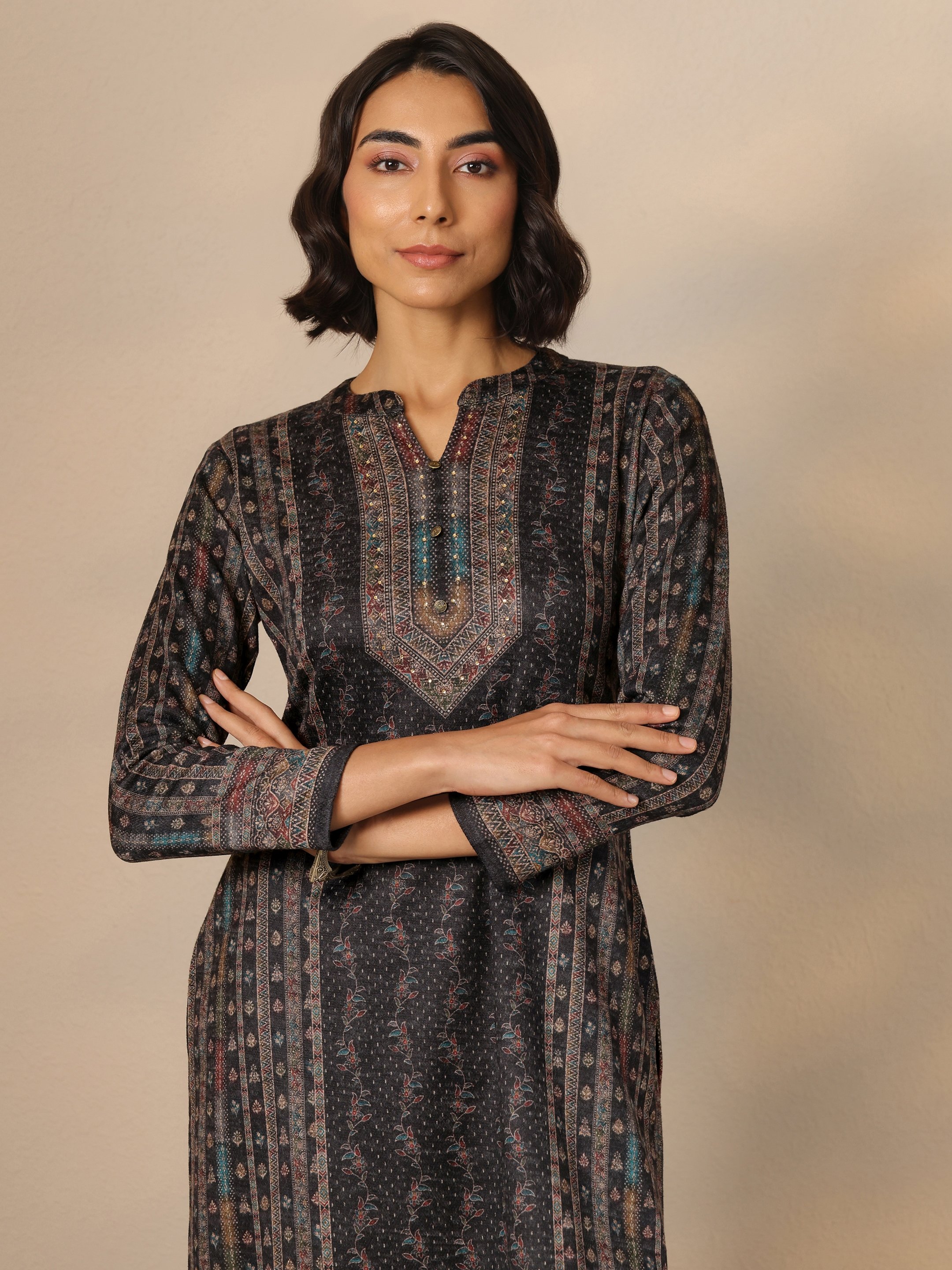 Black Printed Wool Straight Kurta, Trousers And Dupatta Set