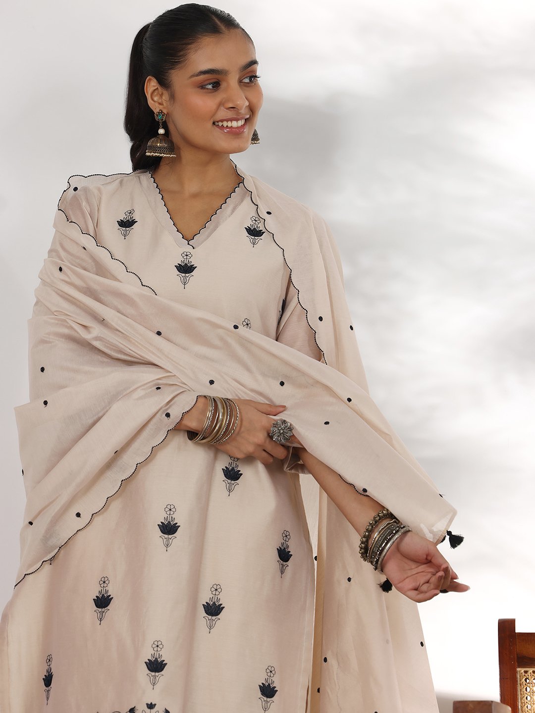 Beige Embroidered Silk Blend Straight Kurta, Trousers And Dupatta Set
