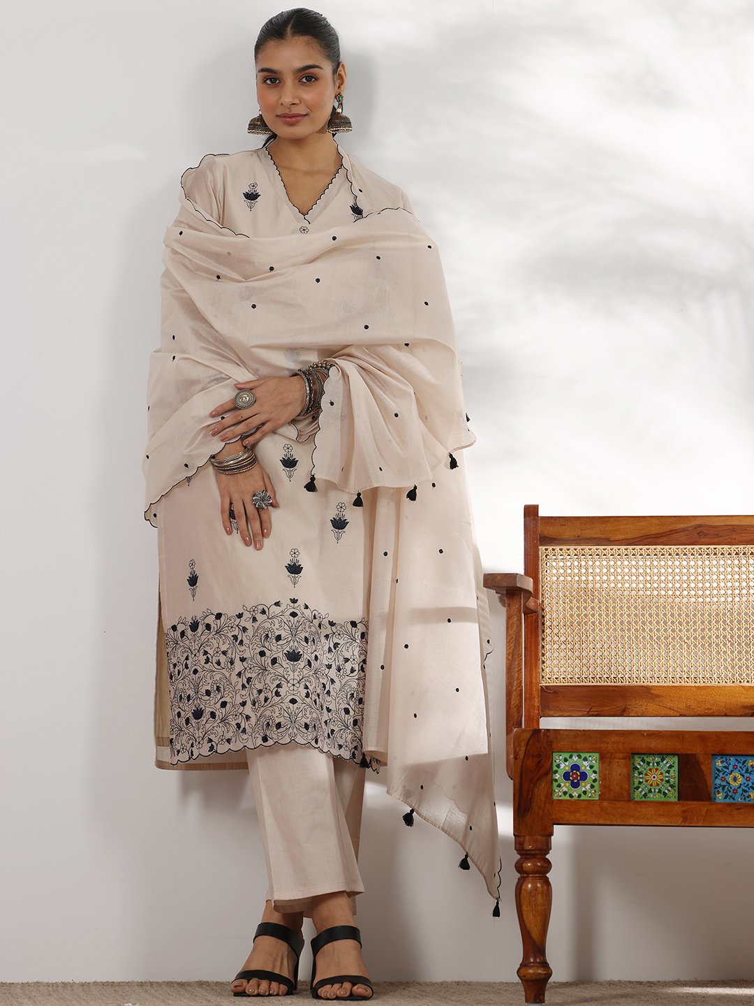 Beige Embroidered Silk Blend Straight Kurta, Trousers And Dupatta Set