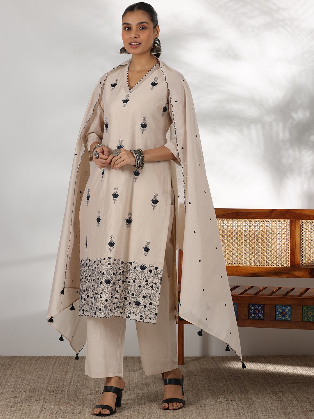 Beige Embroidered Silk Blend Straight Kurta, Trousers And Dupatta Set