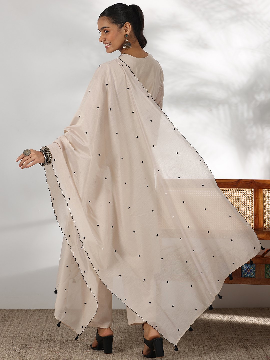 Beige Embroidered Silk Blend Straight Kurta, Trousers And Dupatta Set