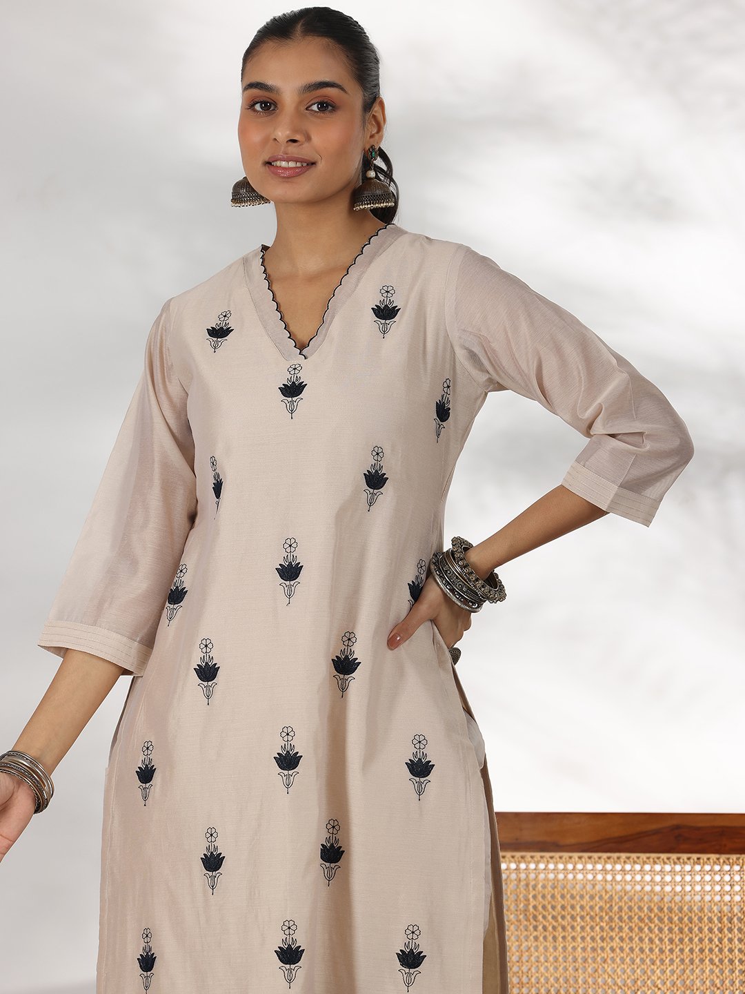 Beige Embroidered Silk Blend Straight Kurta, Trousers And Dupatta Set