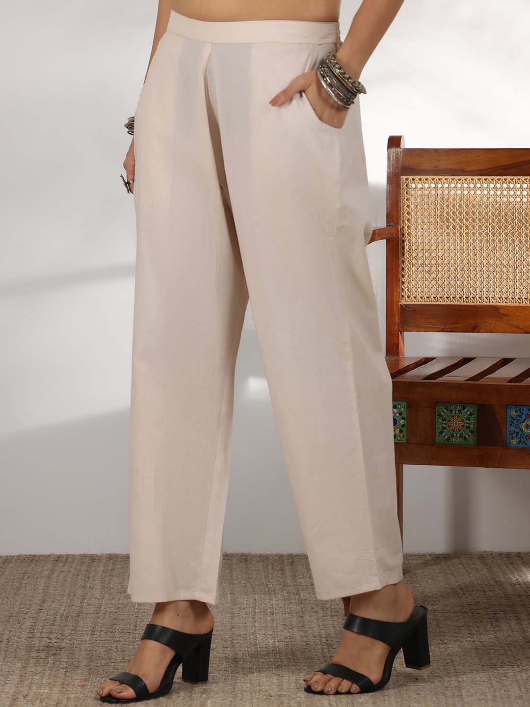 Beige Embroidered Silk Blend Straight Kurta, Trousers And Dupatta Set