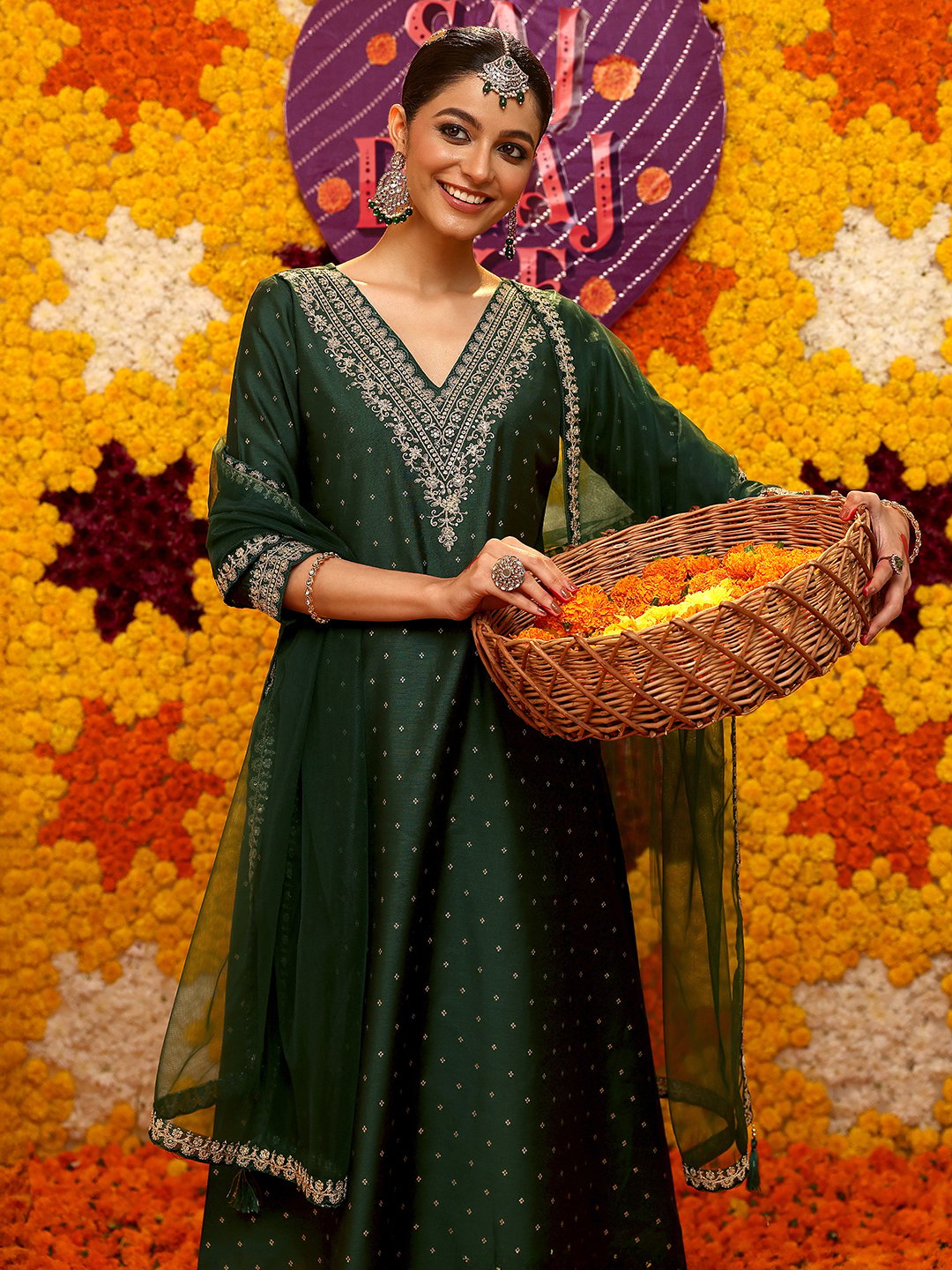 Green Woven Design Silk Blend A-Line Kurta, Trousers And Dupatta Set