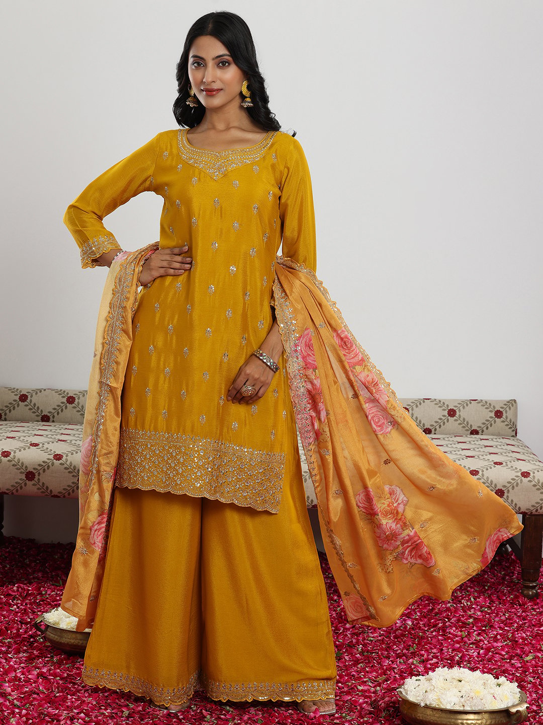 Mustard Embroidered Silk Blend Straight Kurta, Palazzo And Dupatta Set