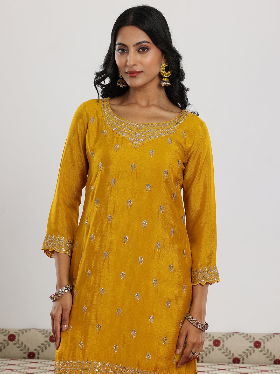 Mustard Embroidered Silk Blend Straight Kurta, Palazzo And Dupatta Set