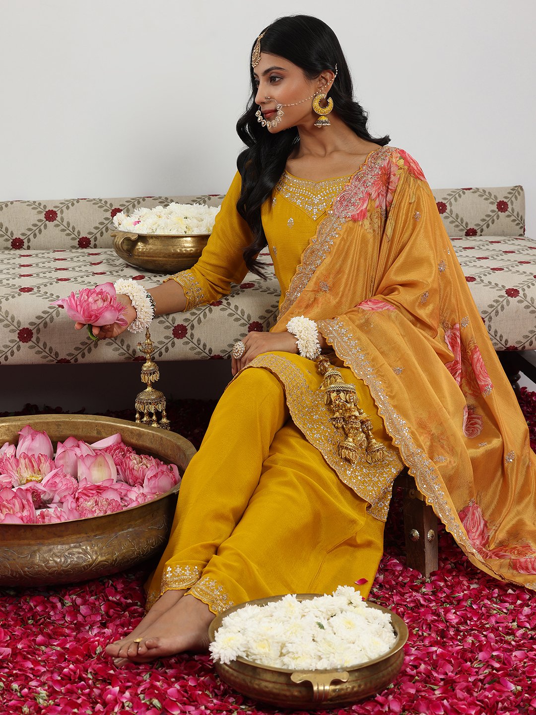 Mustard Embroidered Silk Blend Straight Kurta, Palazzo And Dupatta Set
