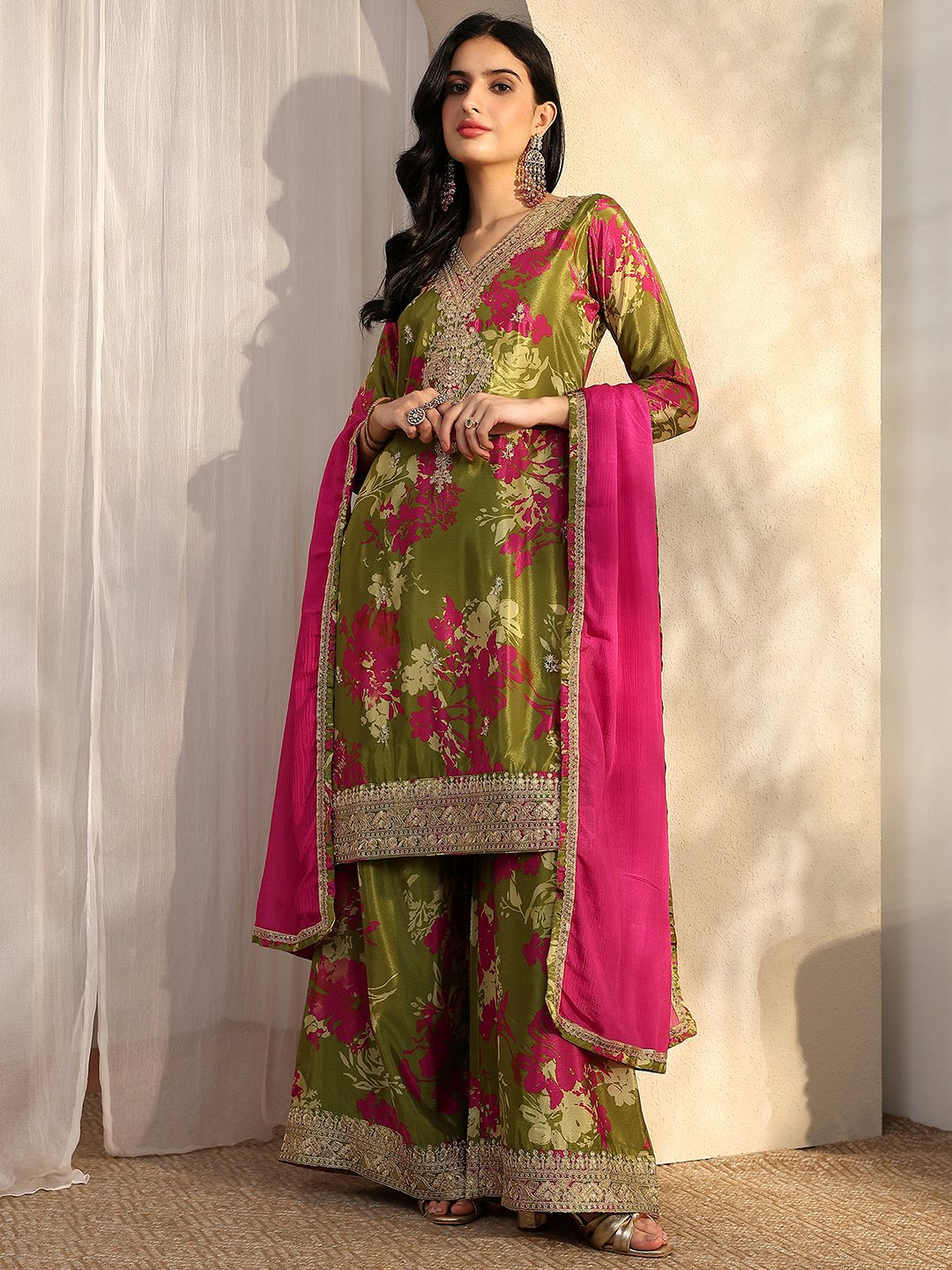 Green Printed Chinon Straight Kurta, Palazzo And Dupatta Set