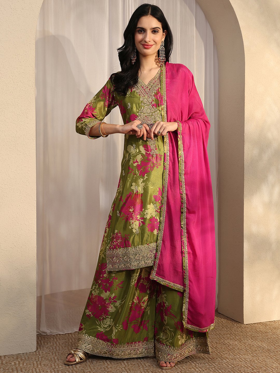 Green Printed Chinon Straight Kurta, Palazzo And Dupatta Set