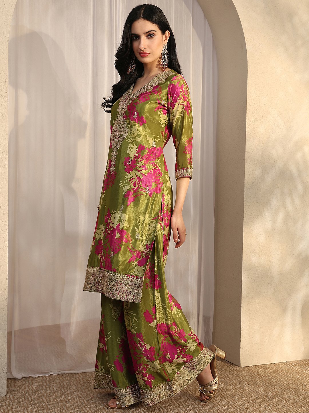 Green Printed Chinon Straight Kurta, Palazzo And Dupatta Set