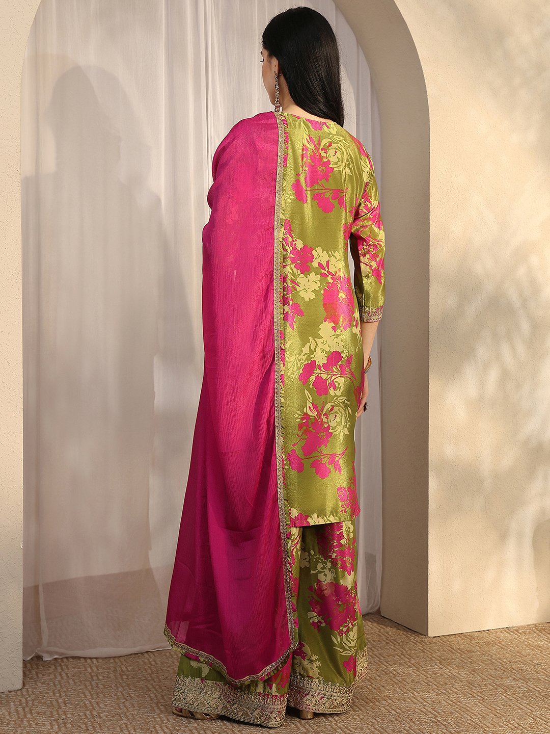 Green Printed Chinon Straight Kurta, Palazzo And Dupatta Set
