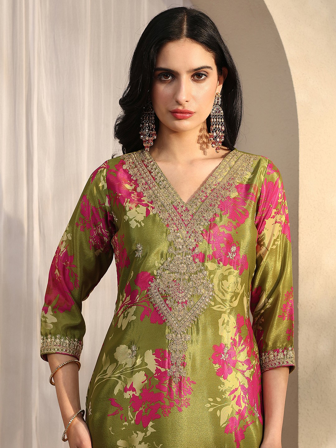Green Printed Chinon Straight Kurta, Palazzo And Dupatta Set