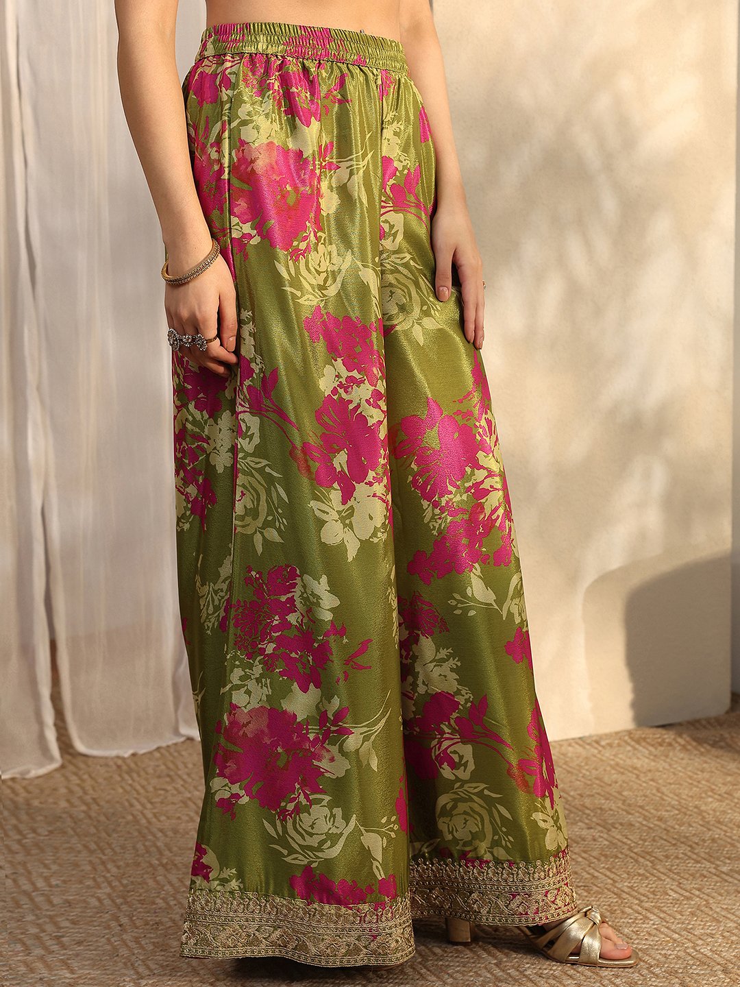 Green Printed Chinon Straight Kurta, Palazzo And Dupatta Set