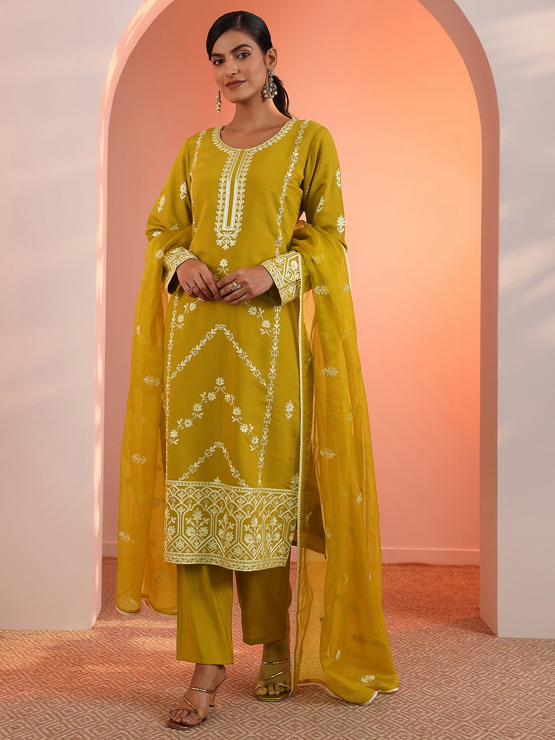 Mustard Embroidered Silk Blend Straight Kurta, Trousers And Dupatta Set