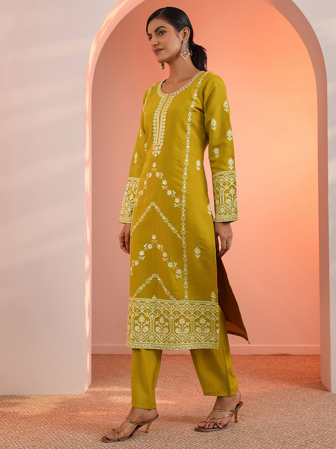 Mustard Embroidered Silk Blend Straight Kurta, Trousers And Dupatta Set