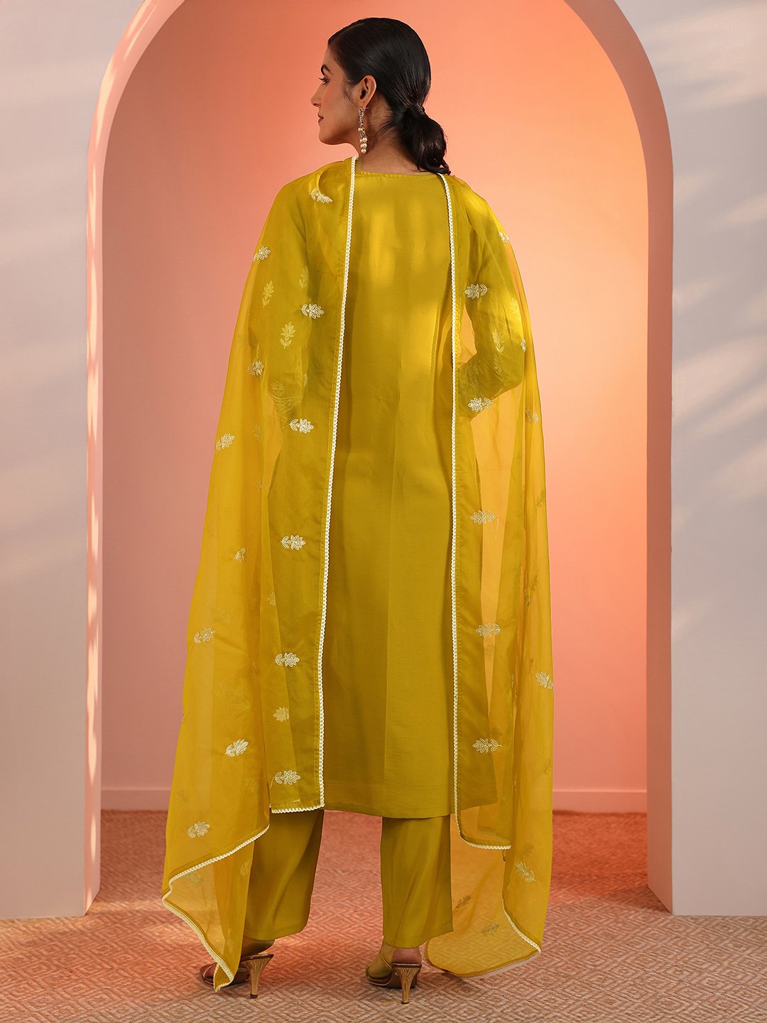 Mustard Embroidered Silk Blend Straight Kurta, Trousers And Dupatta Set