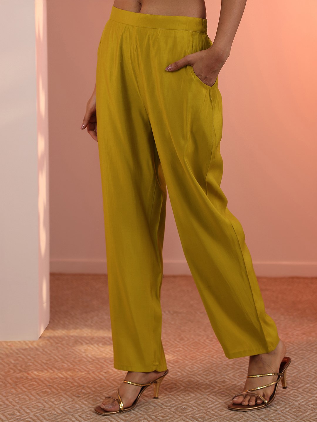 Mustard Embroidered Silk Blend Straight Kurta, Trousers And Dupatta Set