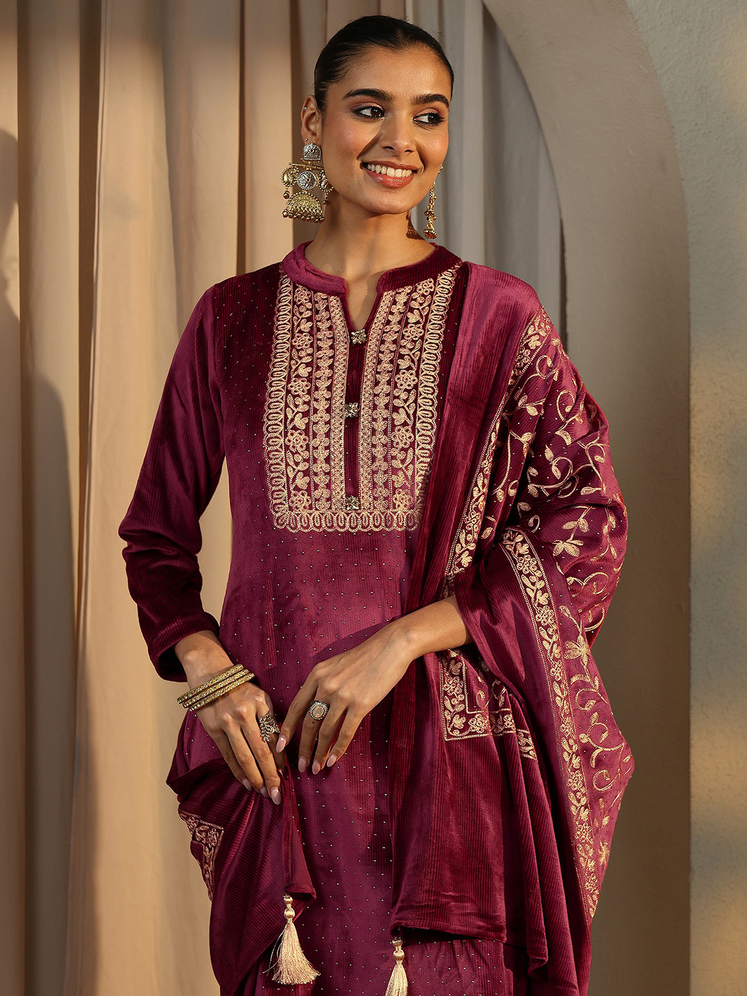 Maroon Embroidered Velvet Straight Kurta, Trousers And Dupatta Set