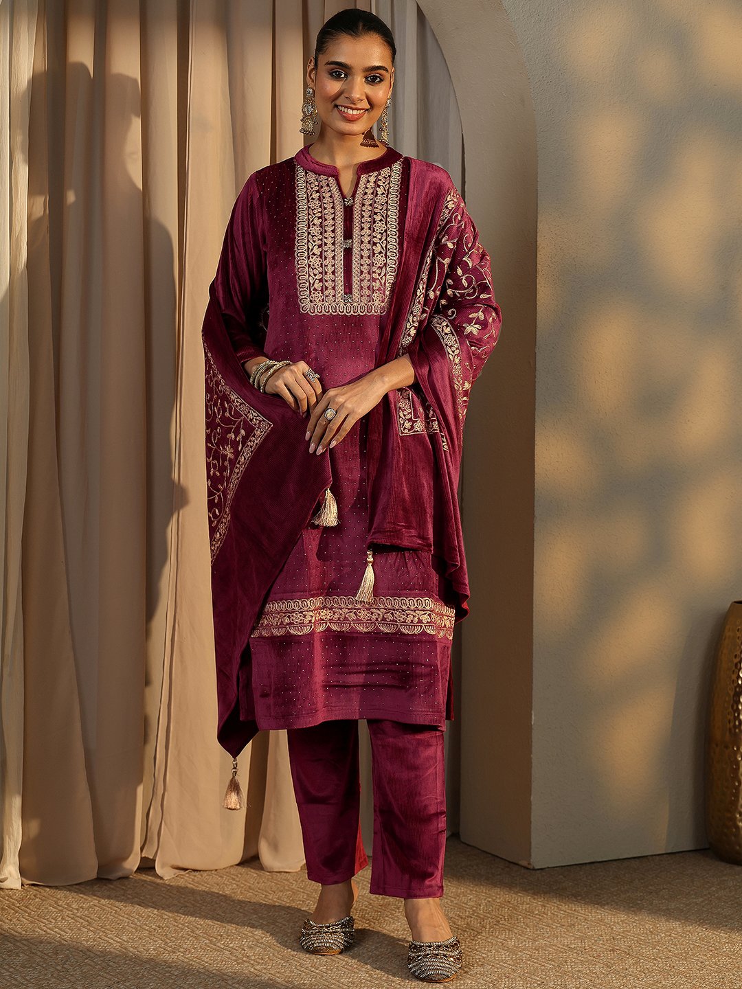 Maroon Embroidered Velvet Straight Kurta, Trousers And Dupatta Set