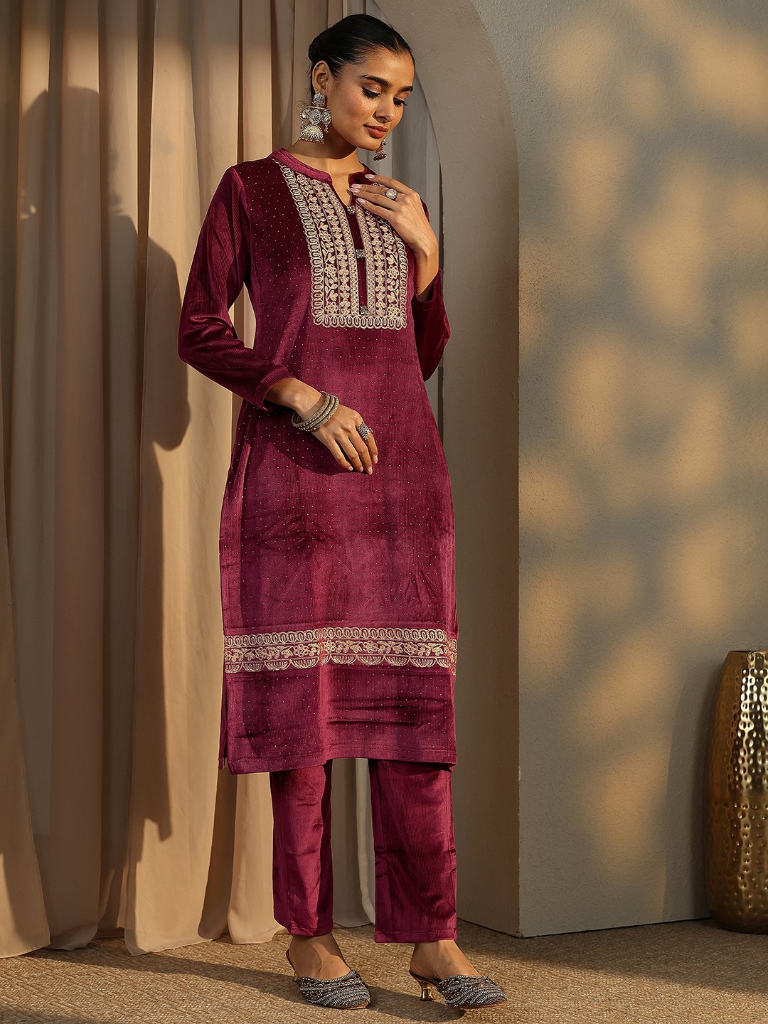 Maroon Embroidered Velvet Straight Kurta, Trousers And Dupatta Set
