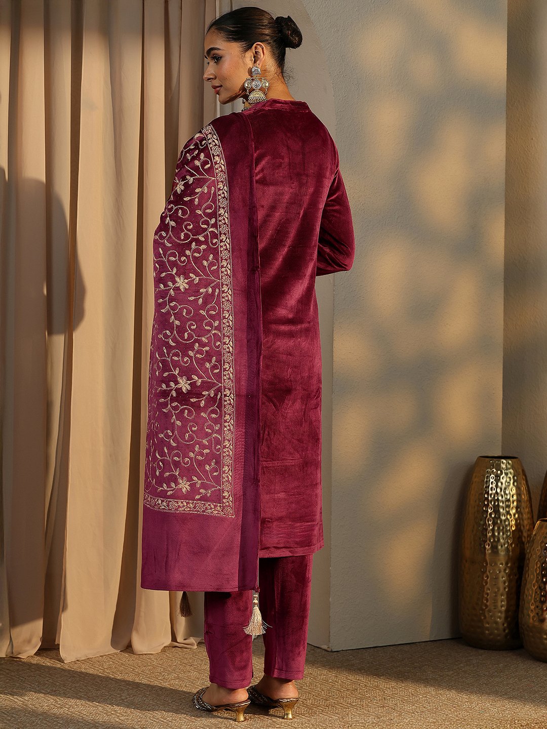 Maroon Embroidered Velvet Straight Kurta, Trousers And Dupatta Set