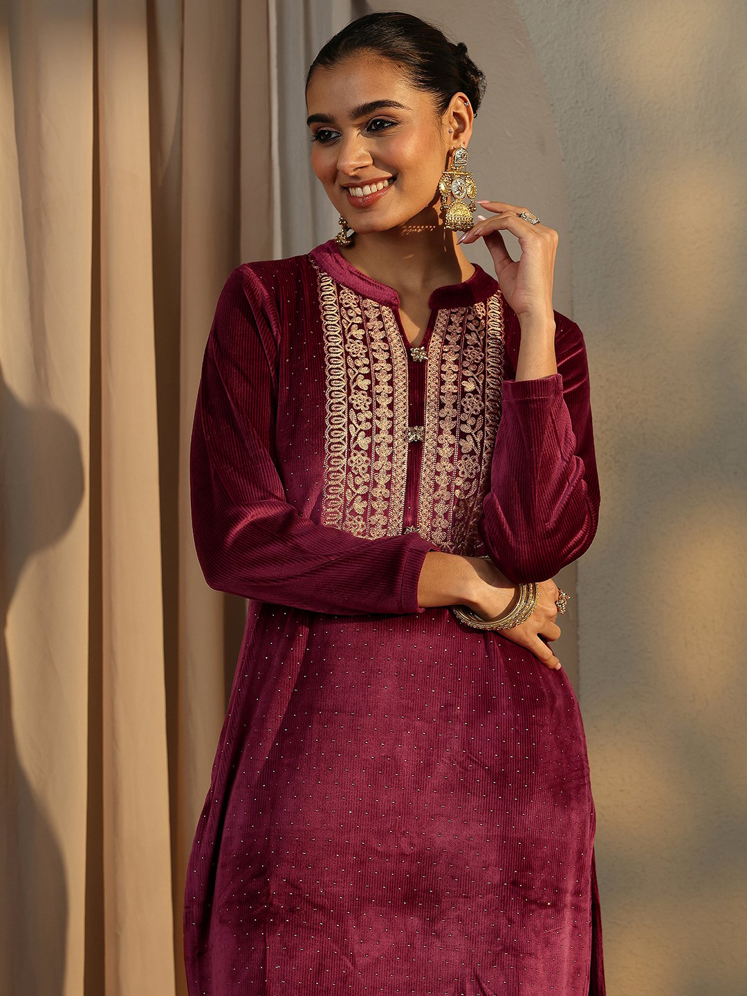 Maroon Embroidered Velvet Straight Kurta, Trousers And Dupatta Set