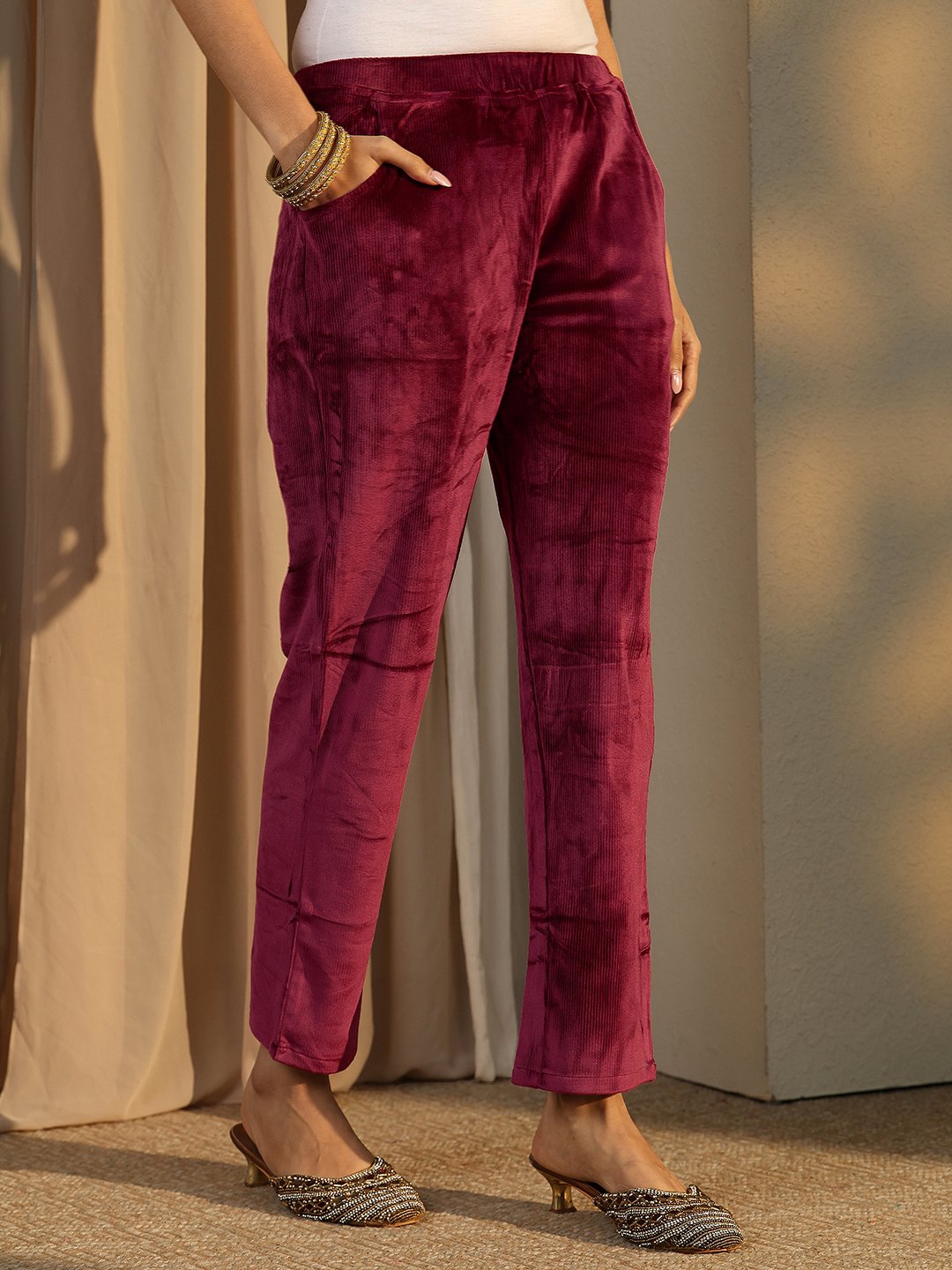 Maroon Embroidered Velvet Straight Kurta, Trousers And Dupatta Set