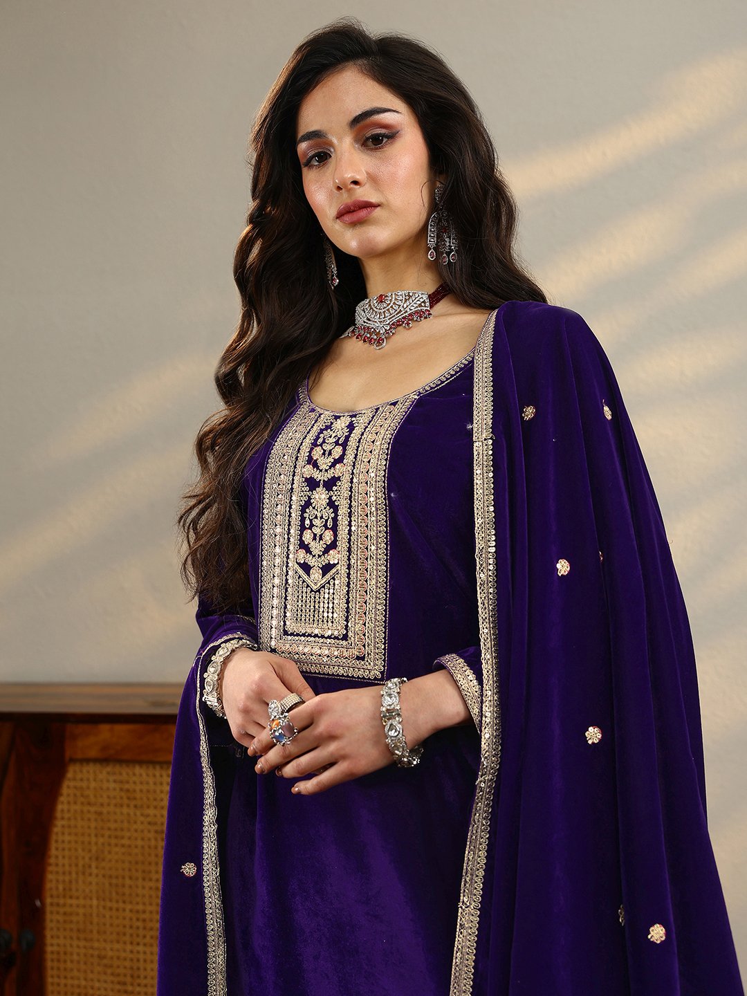 Purple Embroidered Velvet Straight Kurta, Trousers And Dupatta Set