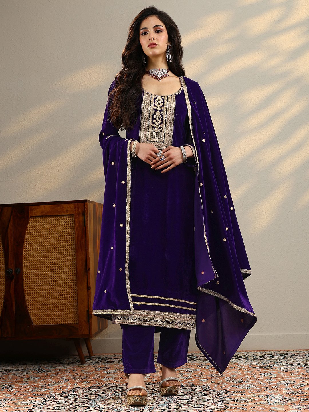 Purple Embroidered Velvet Straight Kurta, Trousers And Dupatta Set