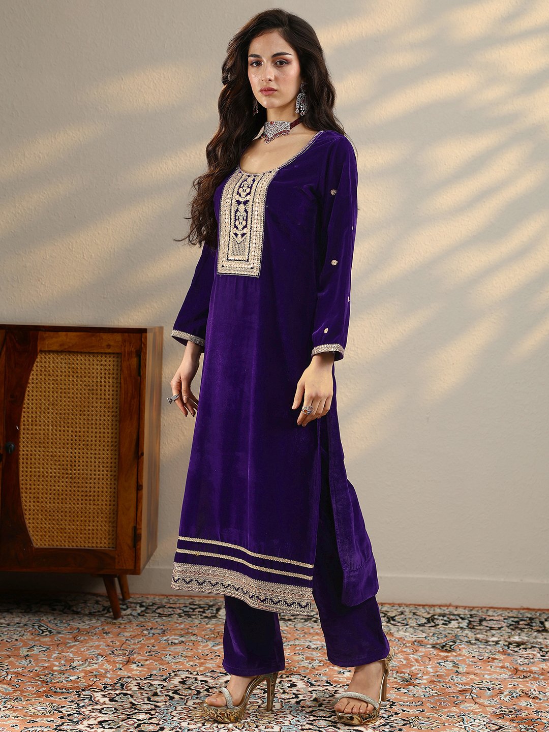 Purple Embroidered Velvet Straight Kurta, Trousers And Dupatta Set